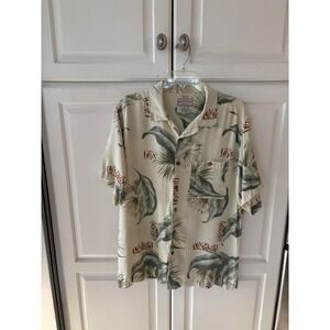 Boca Classics Mens Silk Blend Tropical Palm Leaf Camp Shirt Cream Green M